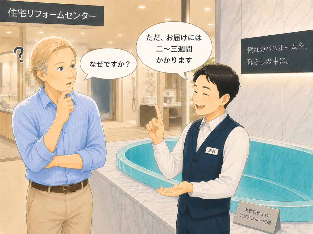 alt="住宅リフォームセンターで店員から「お届けには二〜三週間かかります」と説明を受け、「なぜですか？」と不思議そうに尋ねるアラン・コーエンさんのイラスト"