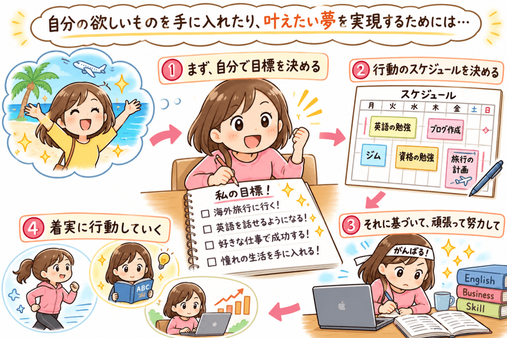 alt="一般的に信じられている「夢や目標を実現するには、自分で目標を決め、計画を立て、努力し続ける必要がある」という考え方を説明したイラスト"