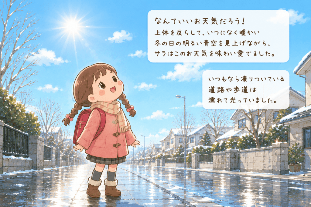 alt="学校帰りにカバンを背負ったサラが、暖かな冬の日の青空を見上げ、濡れて光る道路の上で嬉しそうにお天気を味わうイラスト"