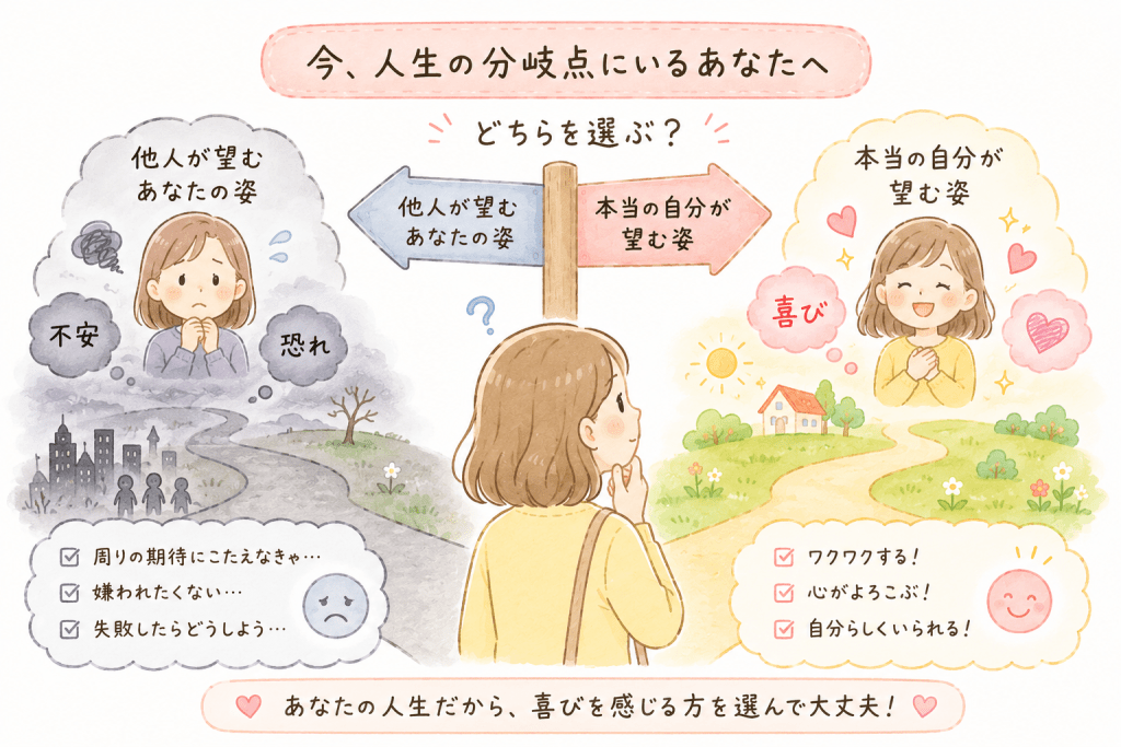 alt="生の選択で「他人の期待」と「本当の自分の望み」の間で悩む女性と、不安の道・喜びの道を対比したイラスト"