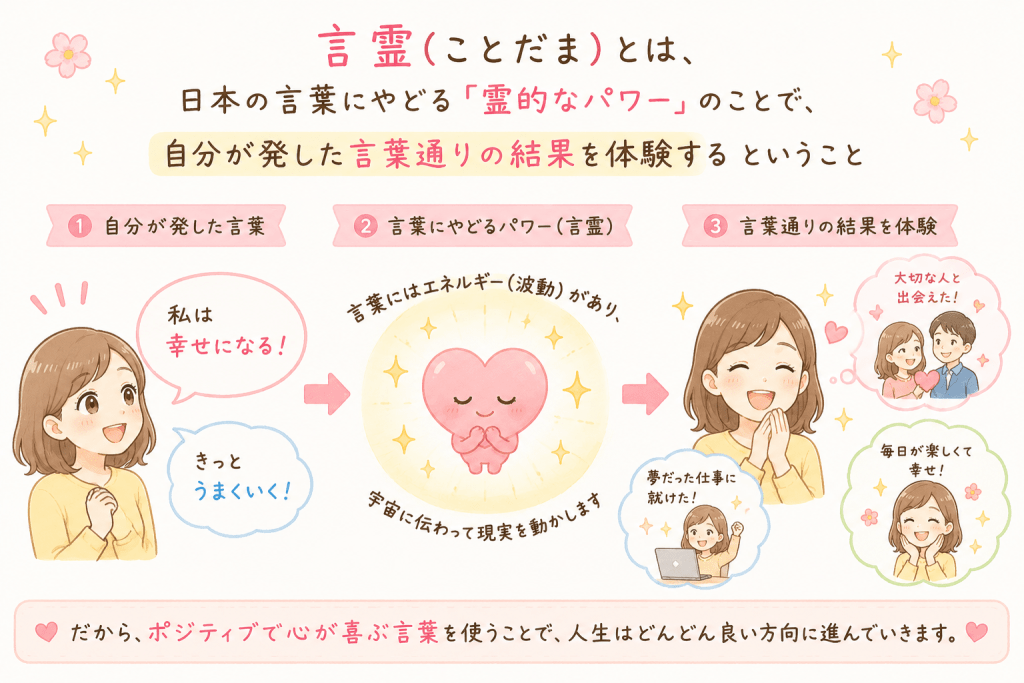 alt="言霊(ことだま)の意味をわかりやすく説明したイラスト。日本の言葉には霊的なパワーが宿り、自分が発した言葉がエネルギーとなって現実に影響し、その言葉通りの結果を体験するという考え方をシンプルで可愛く表現している"