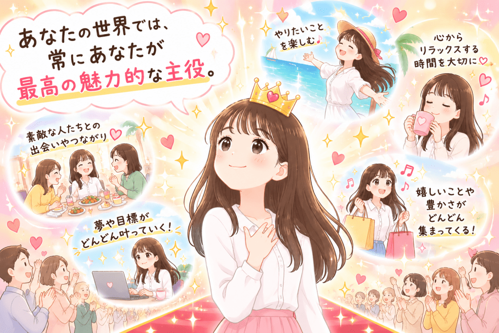 alt="あなたの世界では、あなた自身が最高に魅力的な主役となり、自分らしく輝きながら理想の人生を楽しんでいる様子を表現したイラスト"