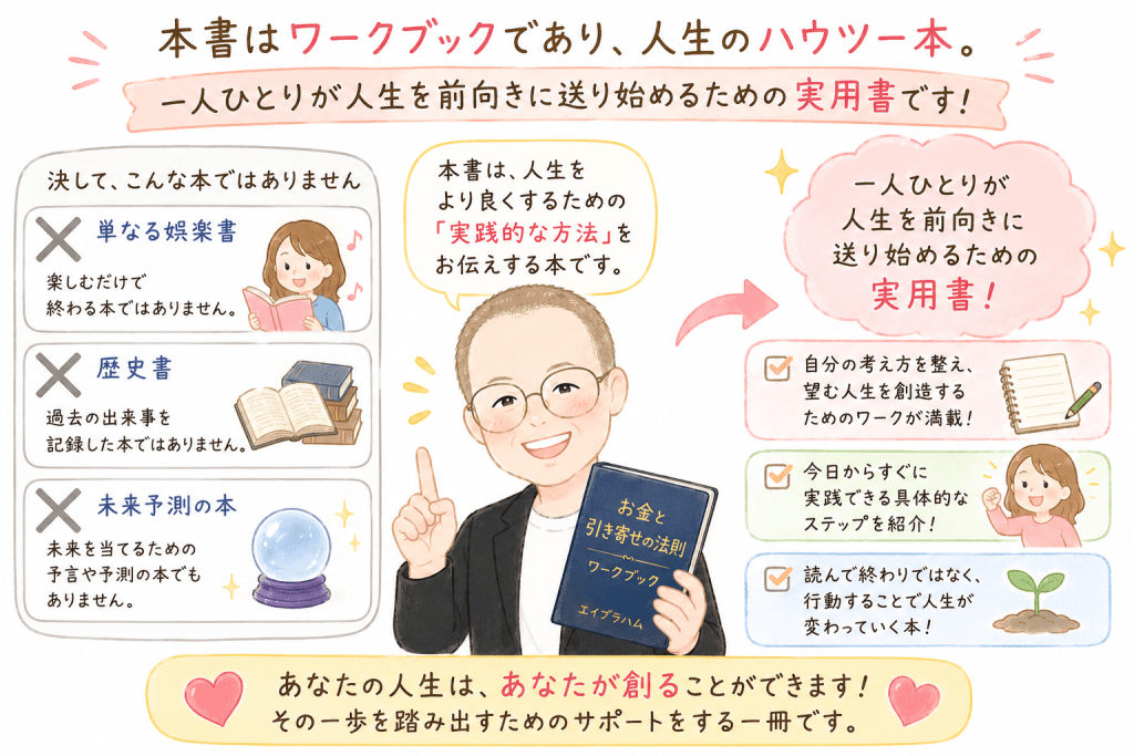 alt="お金と引き寄せの法則』は人生を前向きに生きるためのワークブックであり、娯楽書や歴史書、未来予測の本ではなく、実践を通して望む人生を創造するための実用書だと紹介するイラスト"