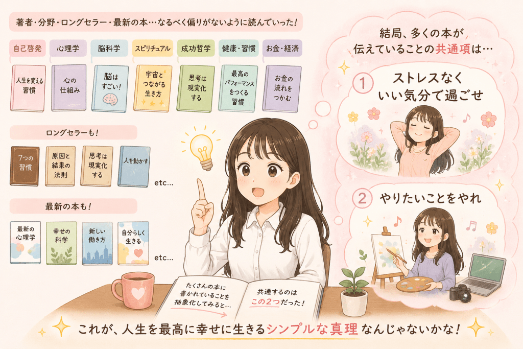 alt="著者や分野、ロングセラー、最新刊など幅広い本を読み続けた結果、多くの本に共通するのは『ストレスなくいい気分で過ごすこと』と『やりたいことをやること』だと気づいたSayaka.さんのイラスト"