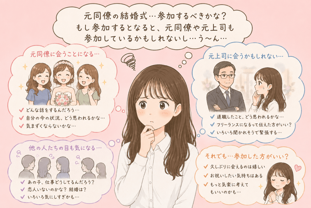 alt="元同僚の結婚式で昔の同僚や上司と再会することを考え、不安や気まずさを感じて参加を悩んでいる女性のイラスト"