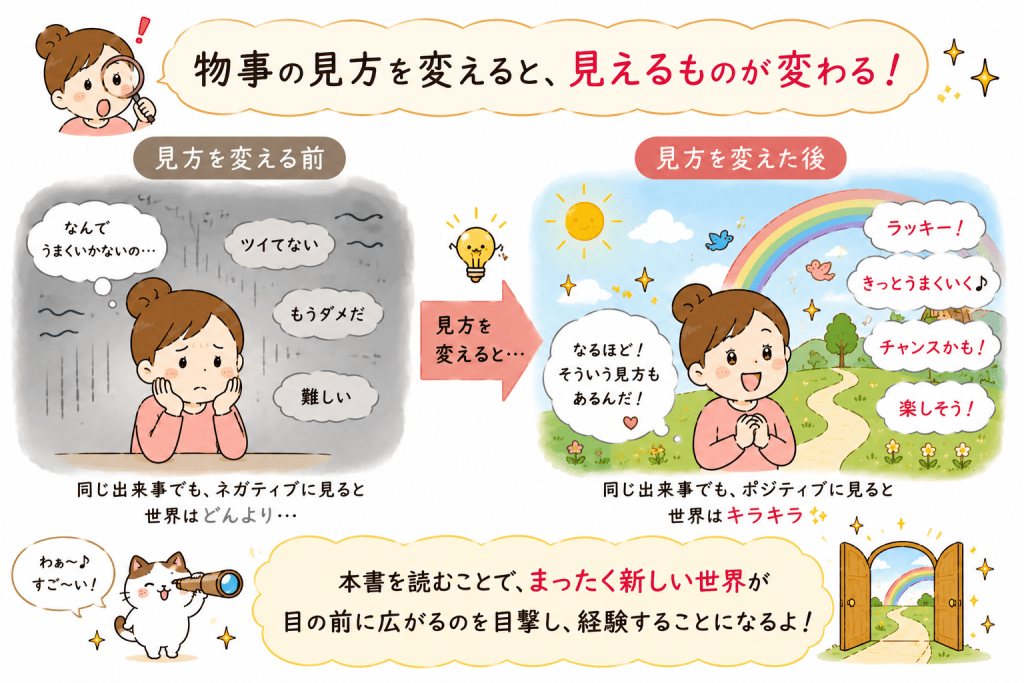 alt="物事の見方を変えることで見える世界が変わり、『新訳 願えば、かなう エイブラハムの教え』を読むことで、まったく新しい世界が目の前に広がる体験を表現したイラスト"