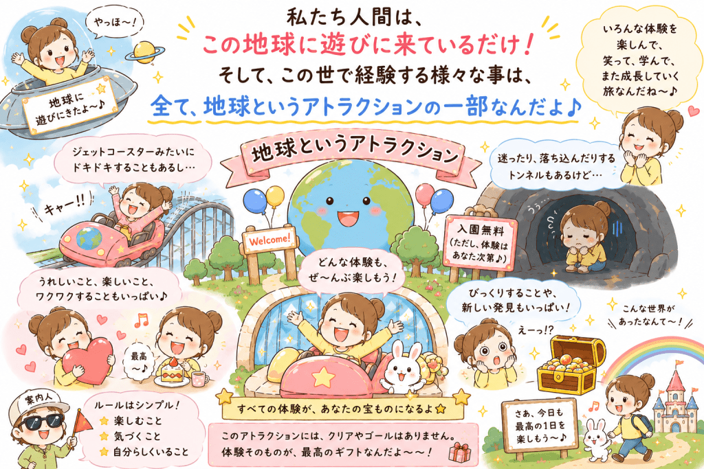 alt="地球を一つのアトラクションに見立て、人生の喜びや困難、発見や成長など、あらゆる体験が人生の宝物になることを伝えるシンプルで可愛いイラスト"