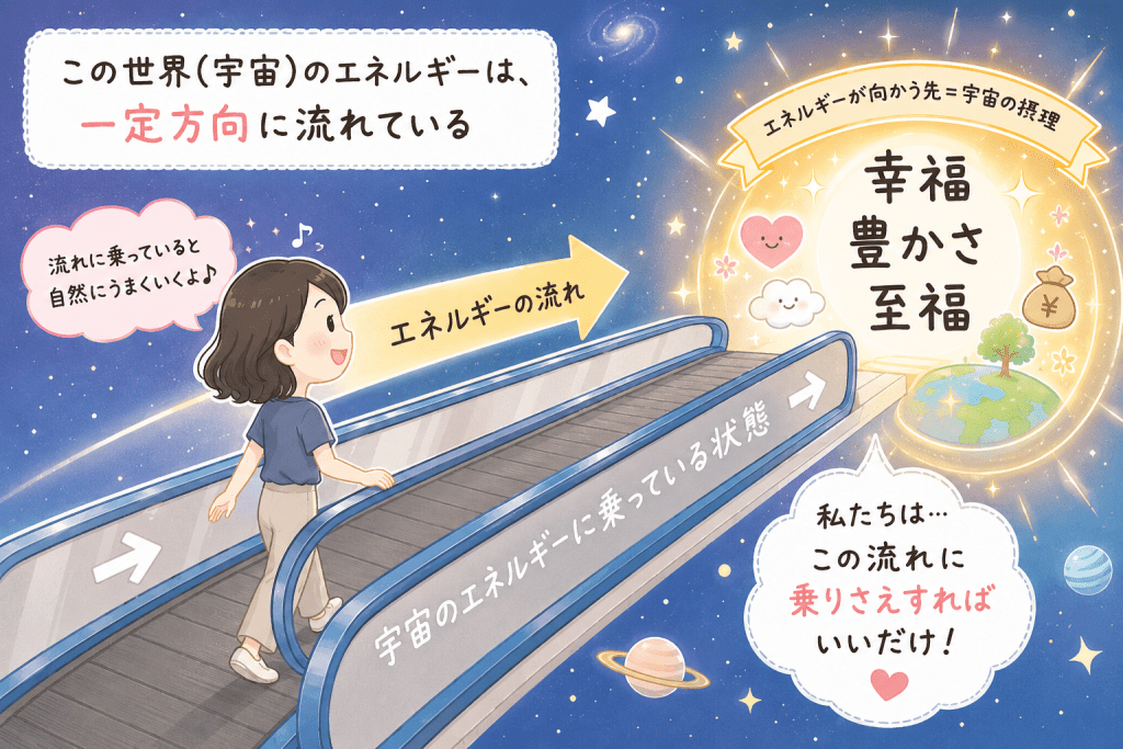 alt="宇宙のエネルギーの流れに乗り、幸福・豊かさ・至福へ向かう様子を描いたイラスト