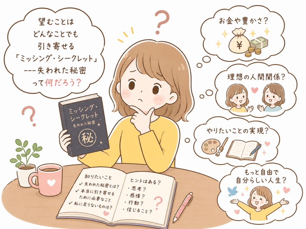 alt="望むことは何でも引き寄せるという「ミッシング・シークレット」の失われた秘密とは何か、お金や人間関係、夢の実現などを思い浮かべながら考える女性のシンプルで可愛いイラスト"