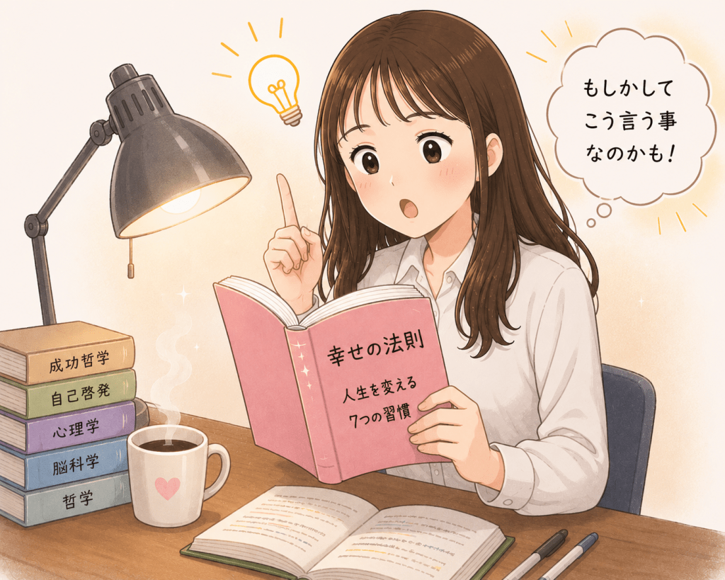 alt="幸せや成功に関する本を読みながら、人生を変えるヒントに突然気づいたSayaka.さんのイラスト"