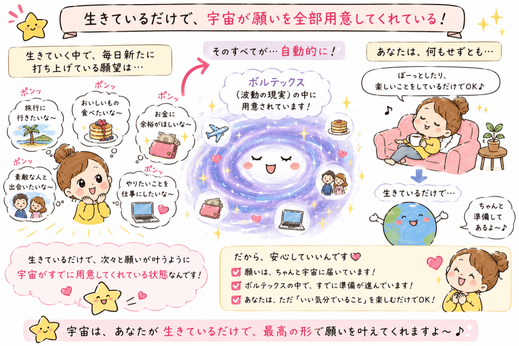 alt="生きているだけで日々生まれる願望はすべてボルテックス（波動の現実）の中に自動的に用意され、宇宙が願いの実現に向けて準備してくれていることを解説した可愛いイラスト"