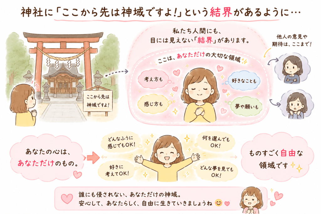 alt="神社の結界を例に、人には他人が踏み込めない心の境界線(バウンダリー)があり、自分の考え方や感情、夢は自分だけの自由な領域であることを表現したイラスト"
