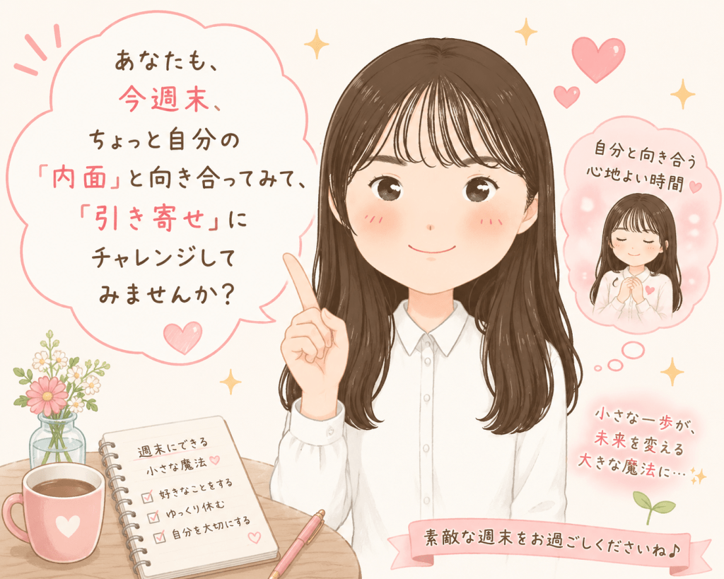alt="自分を大切にする時間を持ち、今週末から「引き寄せ」にチャレンジしてみようと読者へ語りかける女性のイラスト"