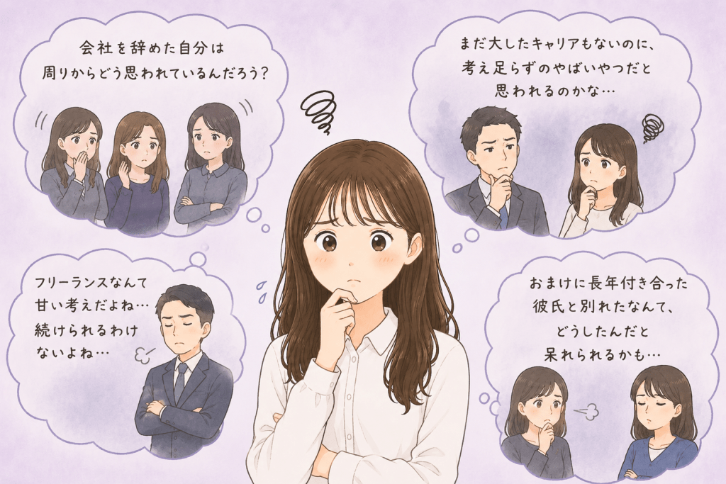 alt="新しい生き方を選んだことで周囲の目が気になり、同世代の結婚ラッシュや元同僚の結婚式を前に『結婚』という言葉に過敏になって憂鬱を感じている女性のイラスト"