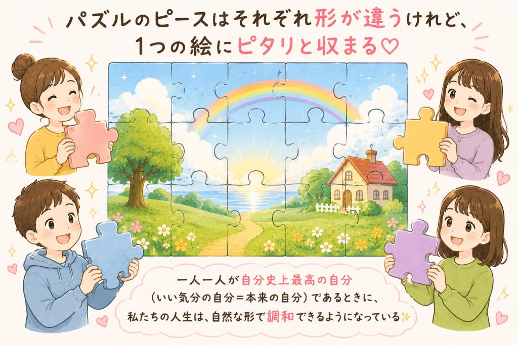 alt="形の異なるパズルのピースが一つの絵にぴったり収まるように、一人ひとりが本来の自分らしく「いい気分」でいることで、人生や人とのつながりが自然な形で調和していくことを表現したイラスト"