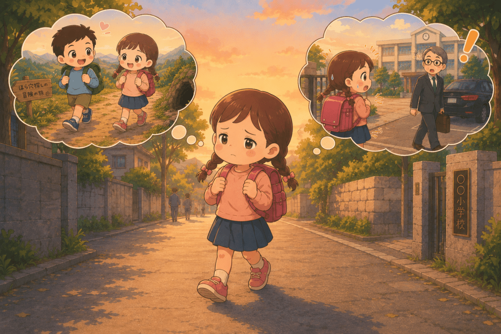 alt="楽しかった冒険の思い出と学校で男性に見つかって驚いた出来事を思い返しながら、不安そうな表情で夕暮れの通学路を歩いて下校する女の子のイラスト"