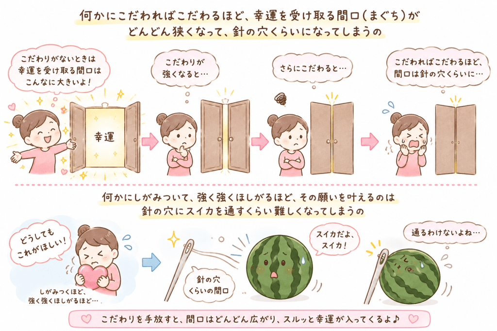 alt="何かに強くこだわるほど幸運を受け取る間口が狭くなり、願いを叶えることが針の穴にスイカを通すほど難しくなることを説明するイラスト"