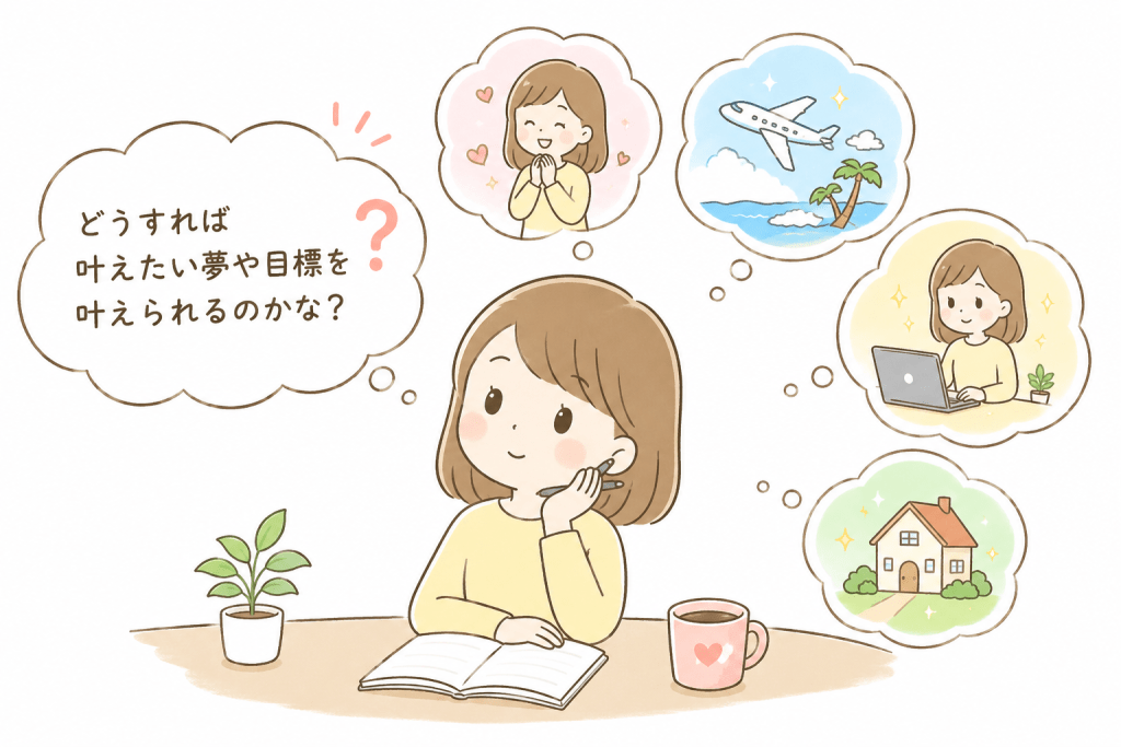 alt="夢や目標を叶える方法を考えながら、理想の未来をイメージしている人物を描いたシンプルで可愛いイラスト"