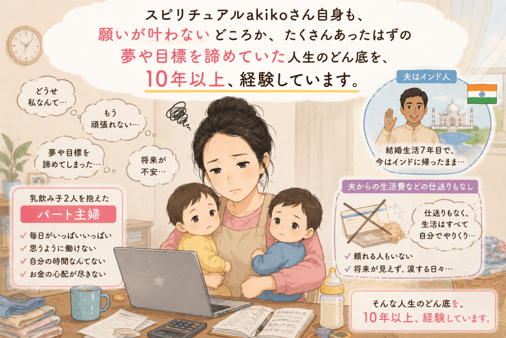 alt="スピリチュアルakikoさんが引き寄せの法則に出会う前、乳飲み子2人を育てるパート主婦として、夫からの生活費の仕送りもないまま10年以上人生のどん底を経験し、夢や目標を諦めていた頃を描いたイラスト"