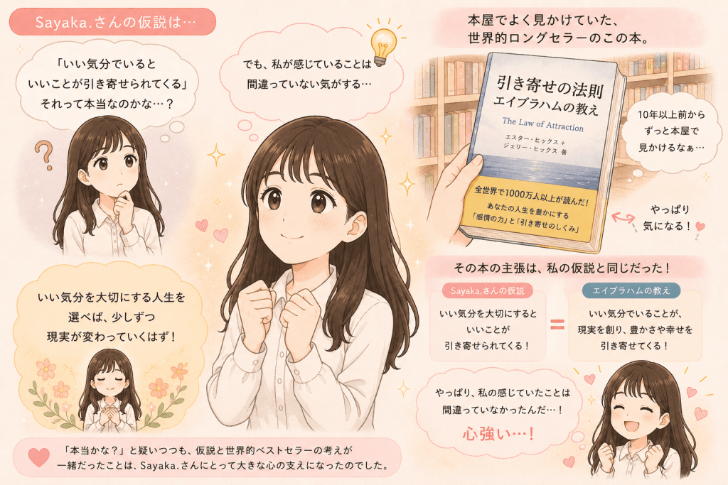 alt="いい気分でいるといいことを引き寄せるという自分の仮説が、世界的ロングセラー『引き寄せの法則 エイブラハムの教え』の主張と共通していることを知り、心強さを感じるSayaka.さんのイラスト"