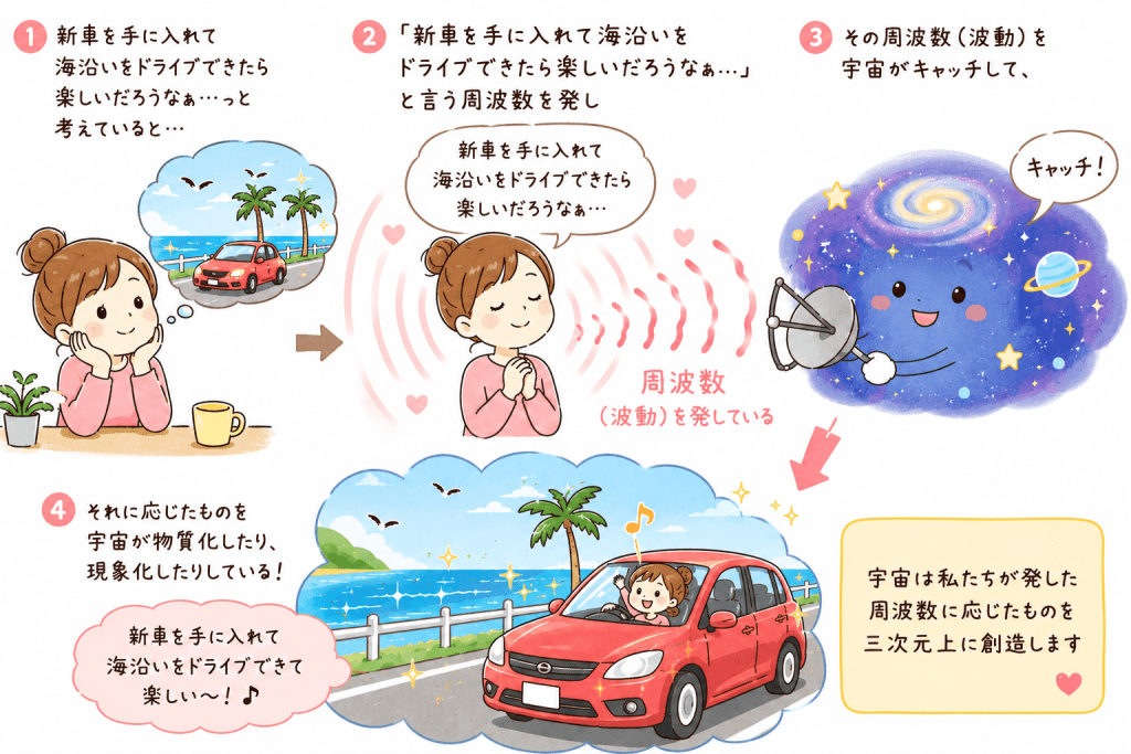 alt="引き寄せの法則で、思いや感情が発する周波数を宇宙が受け取り、その周波数に応じた現実が創造される仕組みをわかりやすく解説したイラスト"