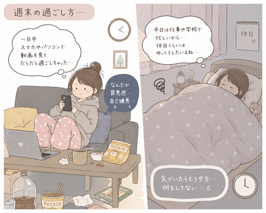 alt="休日を家でだらだら過ごし、スマホやパソコンで動画を見続けたり布団で寝て過ごしてしまう人のイラスト"
