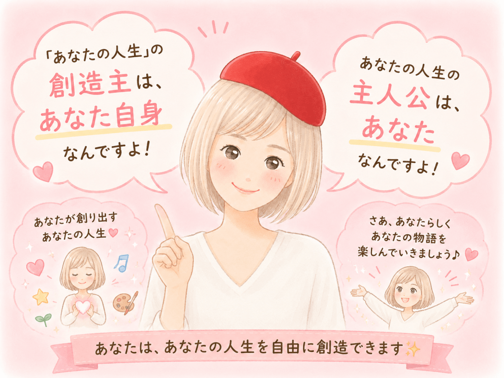 alt="「あなたの人生」の創造主はあなた自身。人生の主人公もあなたであることを優しく伝え、自分らしく人生を創造する大切さを表現した可愛いイラスト"