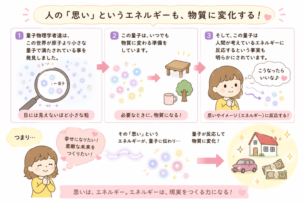 alt="人の思いやイメージというエネルギーが量子に伝わり、物質や現実に変化していくという考え方を分かりやすく表現したイラスト"