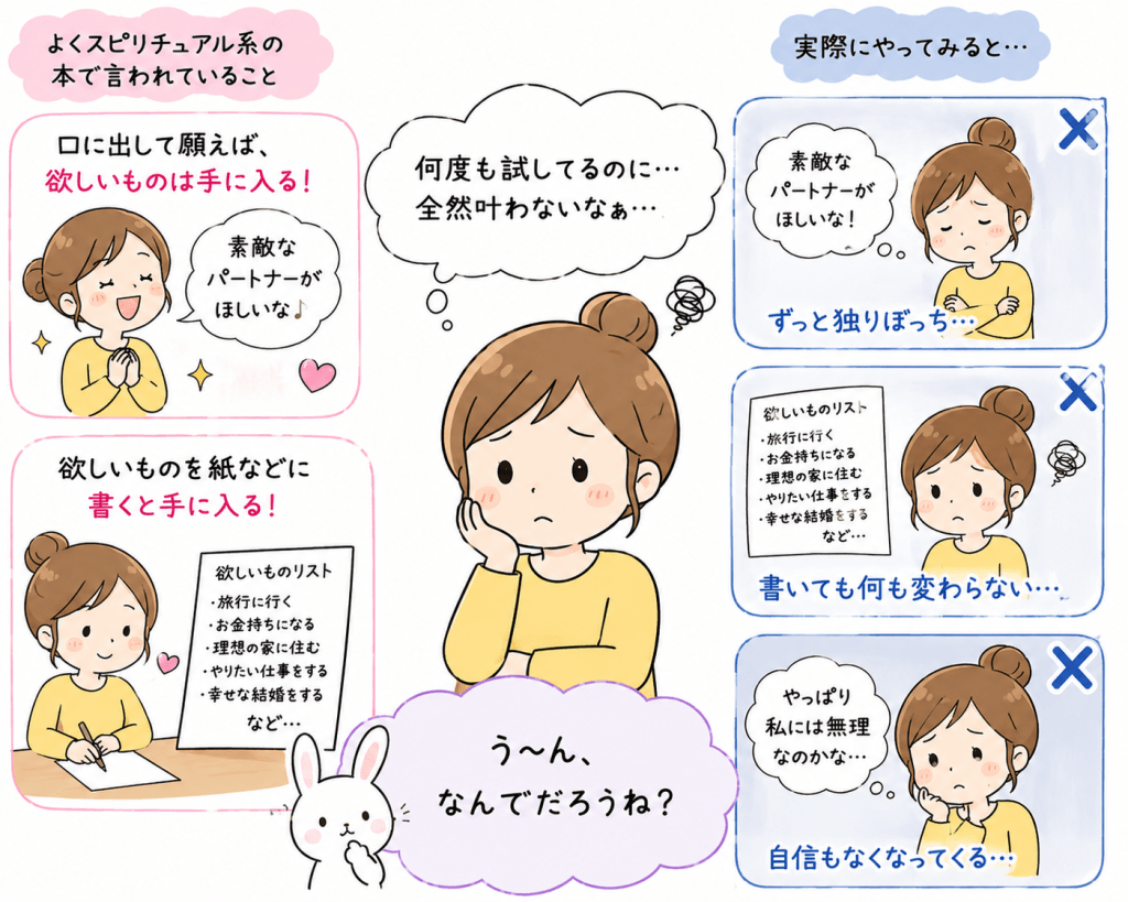 alt="引き寄せの法則で願いを口に出したり紙に書いたりしても、思うように願いが叶わない理由を説明するイラスト"