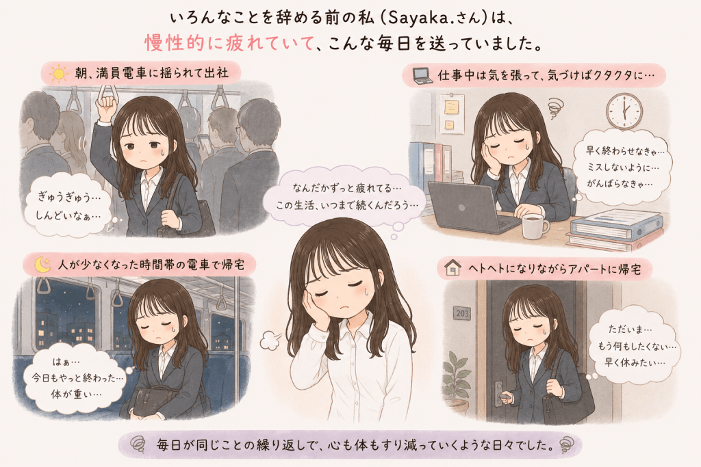 alt="満員電車での通勤と仕事に追われ、夜遅くに疲れ果てて帰宅する生活を送り、慢性的に疲れていた会社員時代のSayaka.さんのイラスト"
