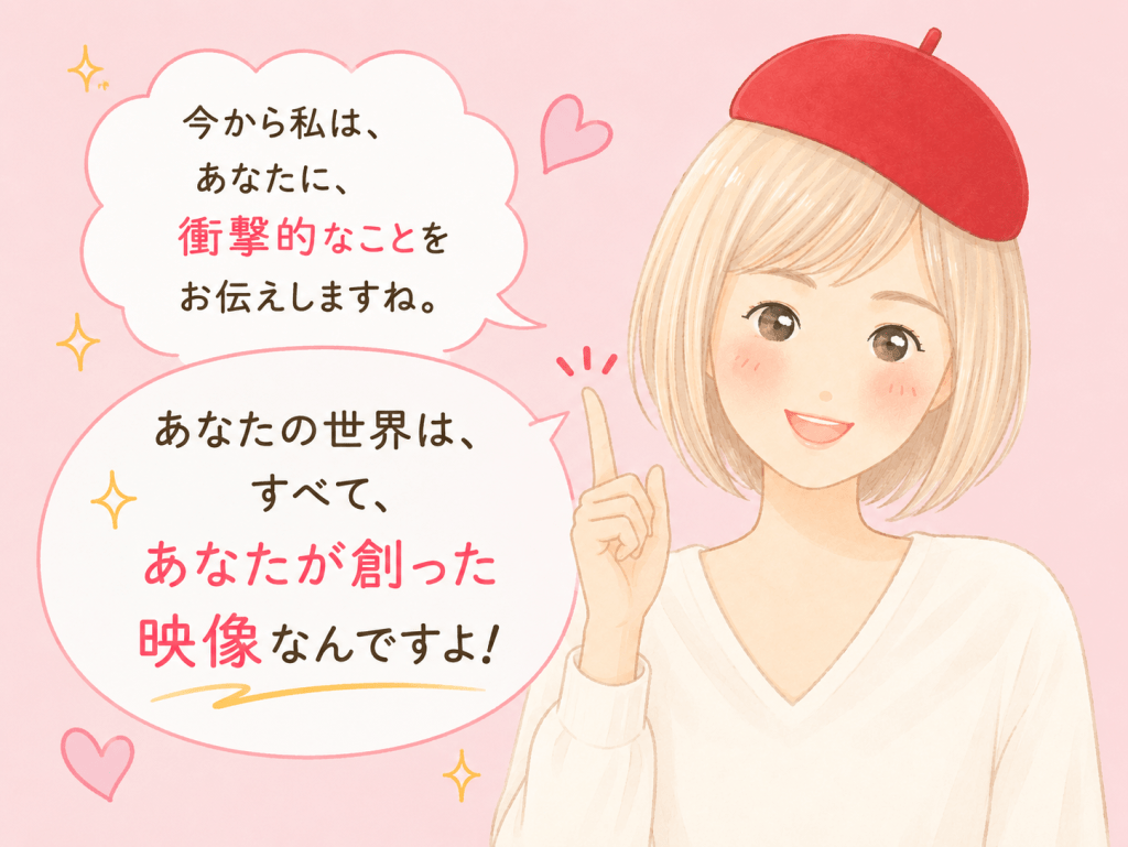 alt="キャメレオン竹田さんが、「あなたの世界はすべてあなたが創った映像」という考え方を、読者にわかりやすく伝えているシンプルで可愛いイラスト"