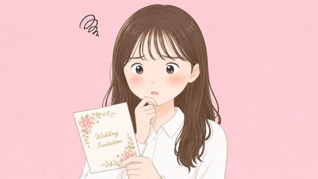 alt="フリーランスとして独立したばかりのアラサー女性が、元同僚から届いた結婚式の招待状を見て困惑しているイラスト"