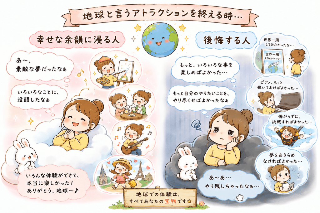 alt="「地球というアトラクション」を終えたとき、人生を満足して振り返る人と、もっと楽しめばよかったと後悔する人の違いを描いた可愛いイラスト"