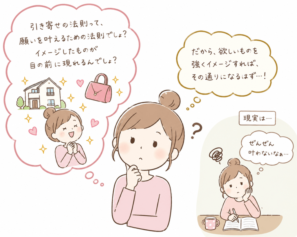 alt="引き寄せの法則を、願いを叶えるための法則や、強くイメージすれば欲しいものが現実になる法則だと勘違いしている女性のイラスト"