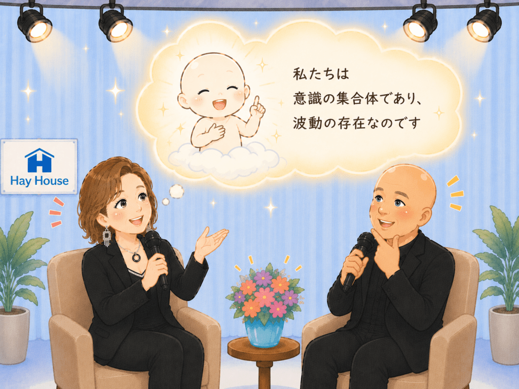 alt="エイブラハムが「私たちは、その『完全なるもの』なのです」と語り、エスター・ヒックスを通してウエイン・W・ダイアー博士へ伝えている様子を描いたシンプルで可愛いイラスト"