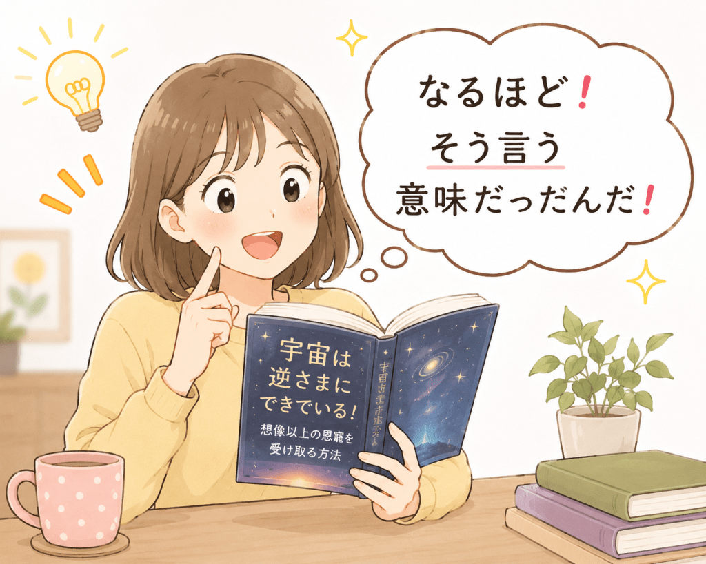 alt="宇宙は逆さまにできている！想像以上の恩寵を受け取る方法』を読んで、「なるほど！そういう意味だったんだ！」と新たな気づきを得て喜ぶ読者のイラスト"