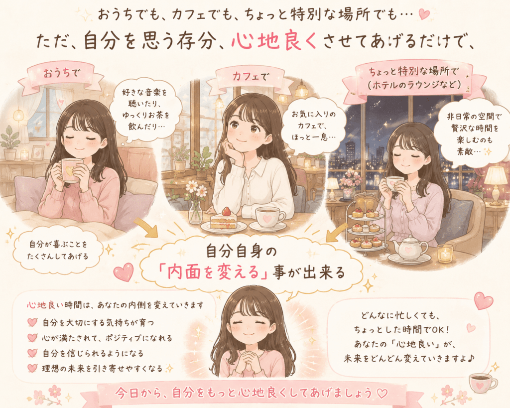 alt="おうちやカフェ、ホテルのラウンジなど、自分が心地良いと感じる場所で過ごすことで、自分自身の内面を変えられることを表現したイラスト"