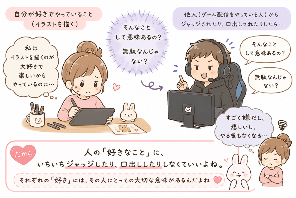 alt="イラストを描く趣味を否定される立場から考え、人それぞれの好きなことを尊重する大切さを伝える可愛いイラスト"
