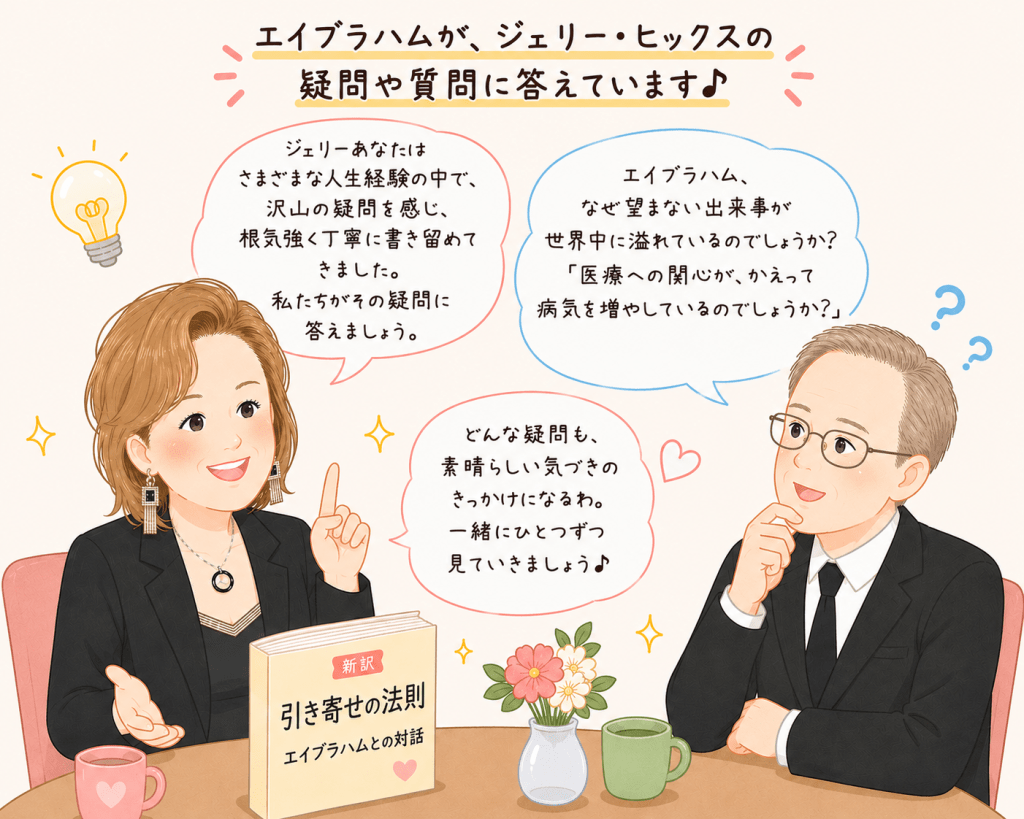 alt="『新訳 引き寄せの法則 エイブラハムとの対話』をもとに、エイブラハムがジェリー・ヒックスの人生や引き寄せの法則に関する疑問へ答えていく質疑応答シーンを、シンプルで可愛いタッチで表現したイラスト"