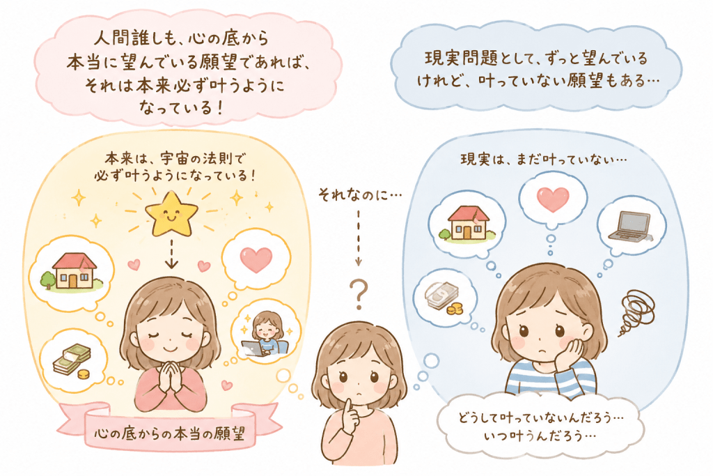alt="本当の願いは叶うはずなのに、現実では叶っていない願望もある理由を不思議に思う女性を描いたシンプルで可愛いイラスト"