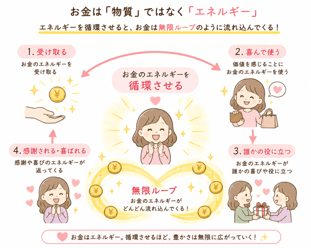 alt="「お金をエネルギーとして捉え、喜んで使って循環させることで豊かさが巡る考え方を表現したシンプルで可愛い説明イラスト」"