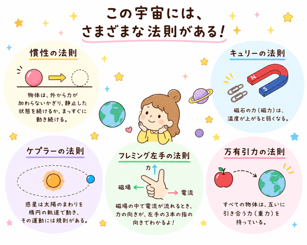 alt="私たちの世界はさまざまな自然法則によって成り立っていることを、慣性の法則や万有引力の法則などを例に、シンプルで可愛く解説したイラスト"