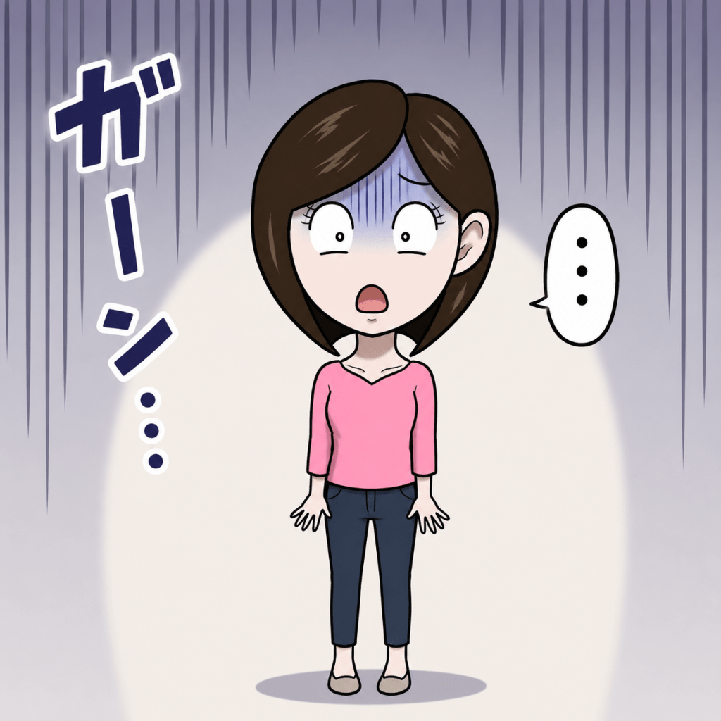 alt="あまりのショックに言葉を失い、呆然と立ち尽くす女性のコミカルなイラスト"