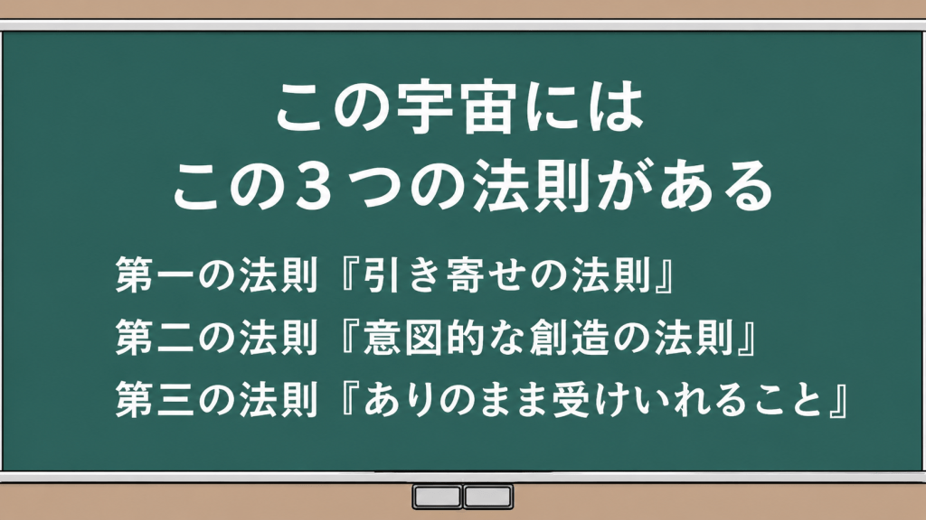 alt="この宇宙には「引き寄せの法則」「意図的な創造の法則」「ありのまま受けいれること」の3つの法則があることを、シンプルな黒板デザインで紹介したイラスト"