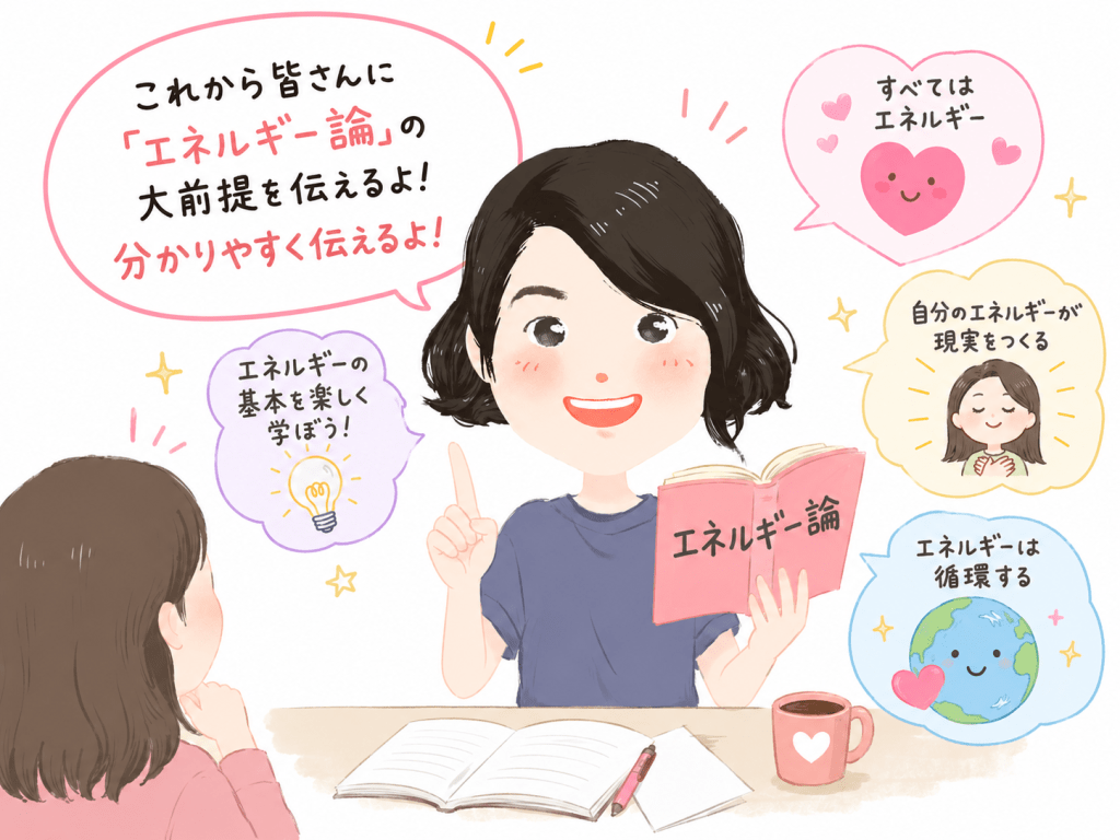 alt="『エネルギー論』の本を手に持ち、読者に向けて「これから皆さんにエネルギー論の大前提を伝えるよ!分かりやすく伝えるよ!」と説明する女性の可愛いイラスト"