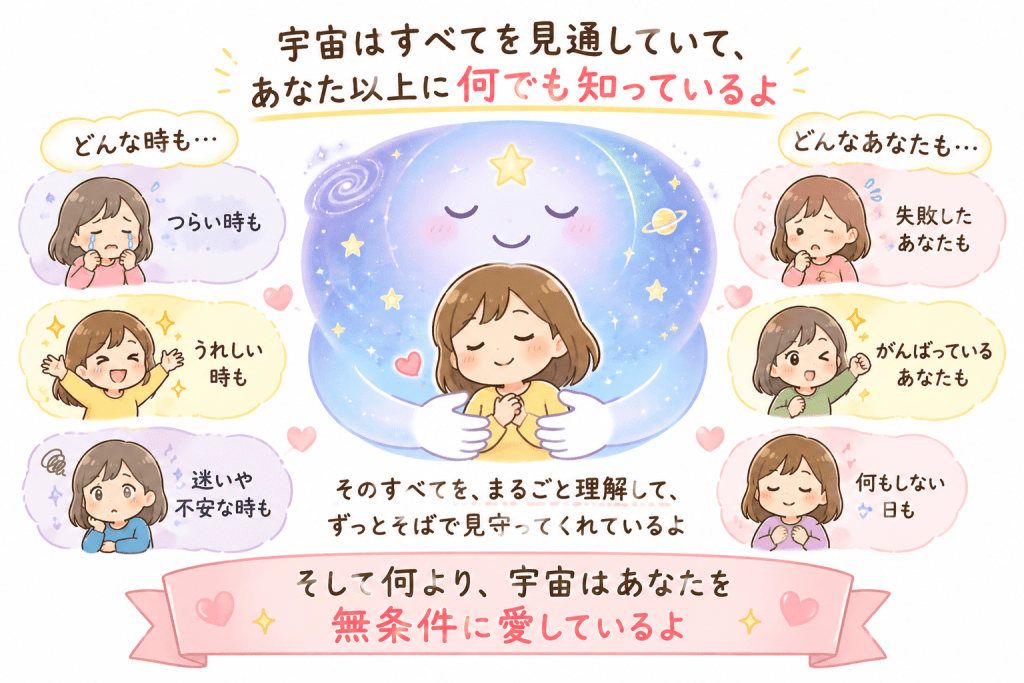 alt="宇宙はすべてを見通し、あなたのことをあなた以上に理解し、どんな状況でも、どんな自分でも無条件に愛し見守ってくれていることを、優しく抱きしめる宇宙のキャラクターで表現した可愛いイラスト"