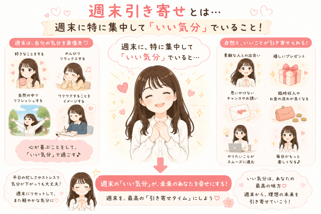alt="週末は特に「いい気分」で過ごすことに集中することで、自然と良い出来事やチャンスを引き寄せる「週末引き寄せ」の考え方を表現したイラスト"