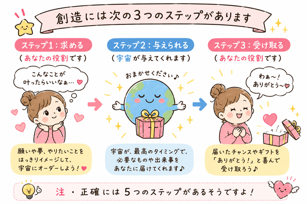 alt="創造には「求める・与えられる・受け取る」の3つのステップがあることを、可愛いイラストでわかりやすく解説した図"