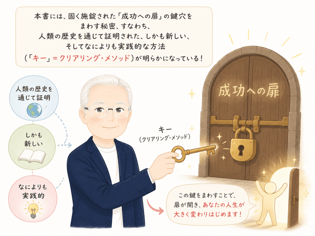 alt="固く施錠された「成功への扉」を開く鍵として、人類の歴史を通じて証明された実践的な方法「クリアリング・メソッド」を紹介するイラスト"