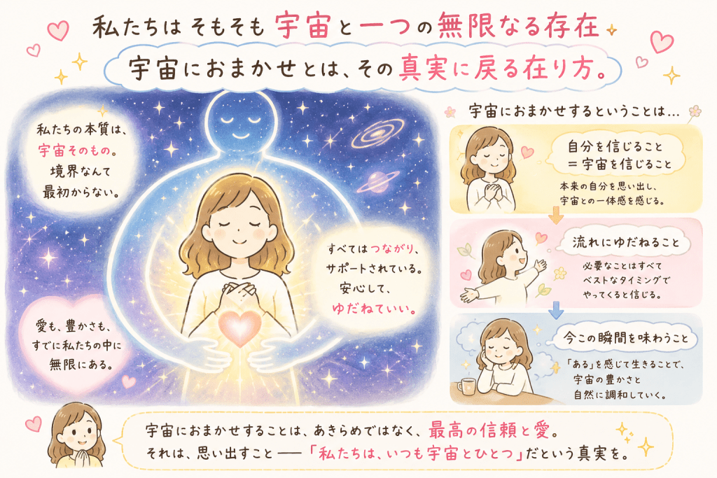 alt="宇宙に優しく抱かれた人物を中心に、私たちは本来宇宙と一つの無限なる存在であり、「宇宙におまかせ」とは本来の自分に戻り、宇宙との一体感や信頼を思い出して生きる在り方であることを表現したイラスト"